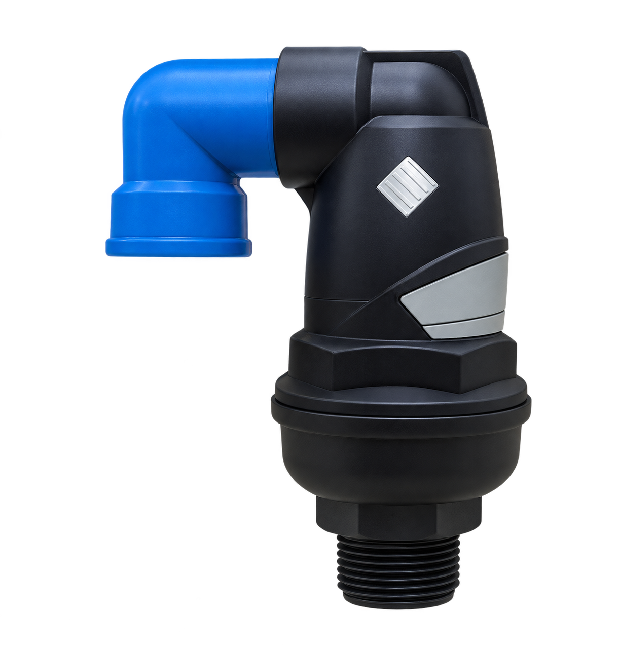 Válvula de aire plástica K20 con cuerpo negro, salida azul y rosca macho, sin fondo